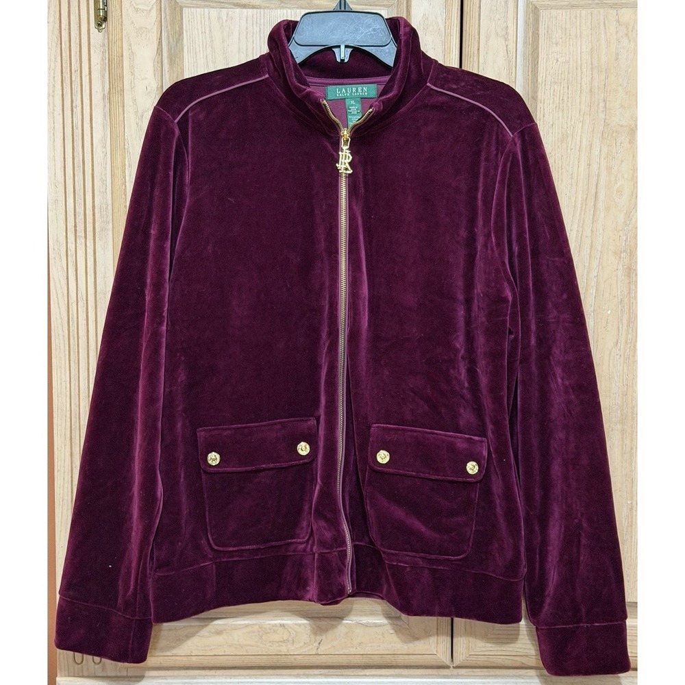 Lauren Ralph Lauren Velour Track Jacket Womens size XL Burgundy Full Zip Velvet